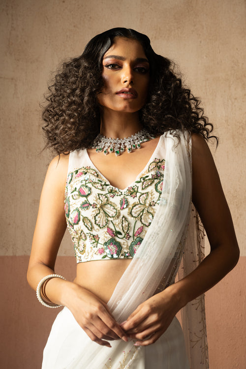 Multicoloured Hand Embroidered Georgette Fishtail Saree