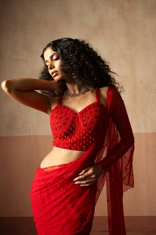 Red & Fuschia Pink Coloured Hand Embroidered Saree