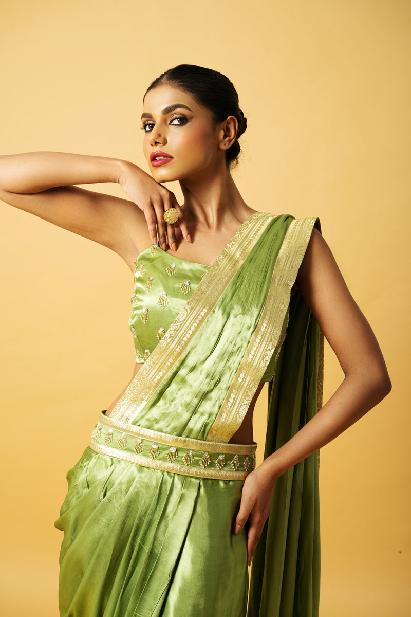 Bright mint green modal satin dhoti saree