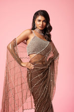 Coffee brown hand-embroidered saree