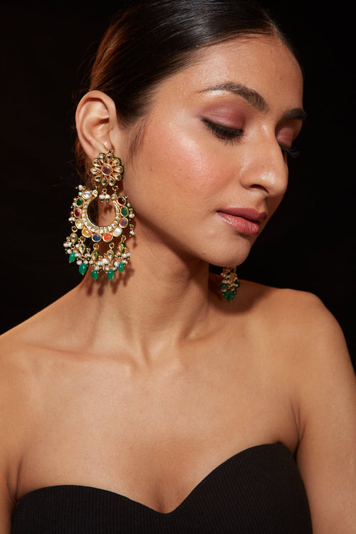 Gold Plated Multi Colour Stone With Drop Beads Chaandbali Earrings