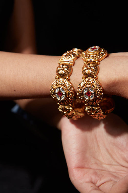 Gold Plated Kundan Studded Screw Openable Temple Bangles, Set of 2