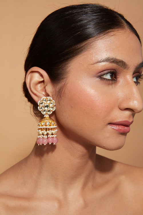 Gold Plated Kundan Studded With Pink Bead Drop Jhumka Earrings