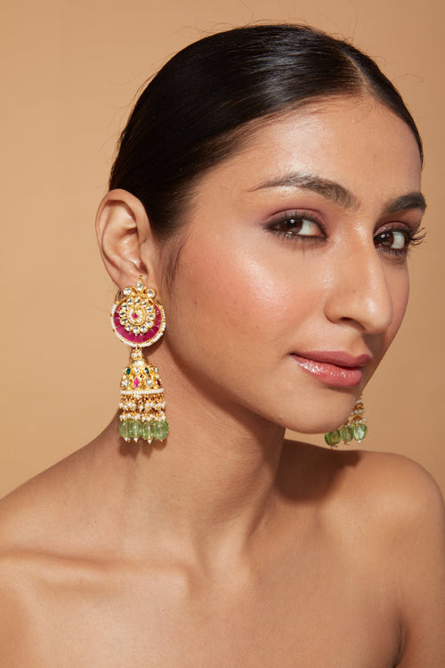 Gold Plated Kundan Studded With Pink Synthetic Stone Green Beads Drop Jhumka Earrings