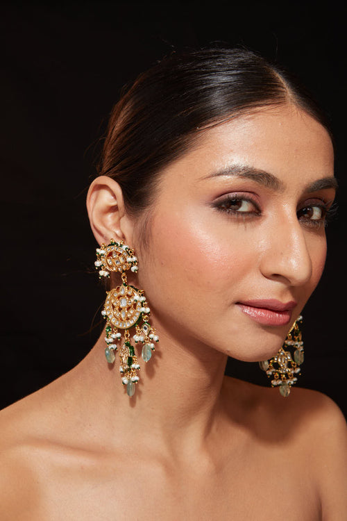 Gold Plated Kundan Studded Meenakari With Green Beads Drop Dangle Earrings