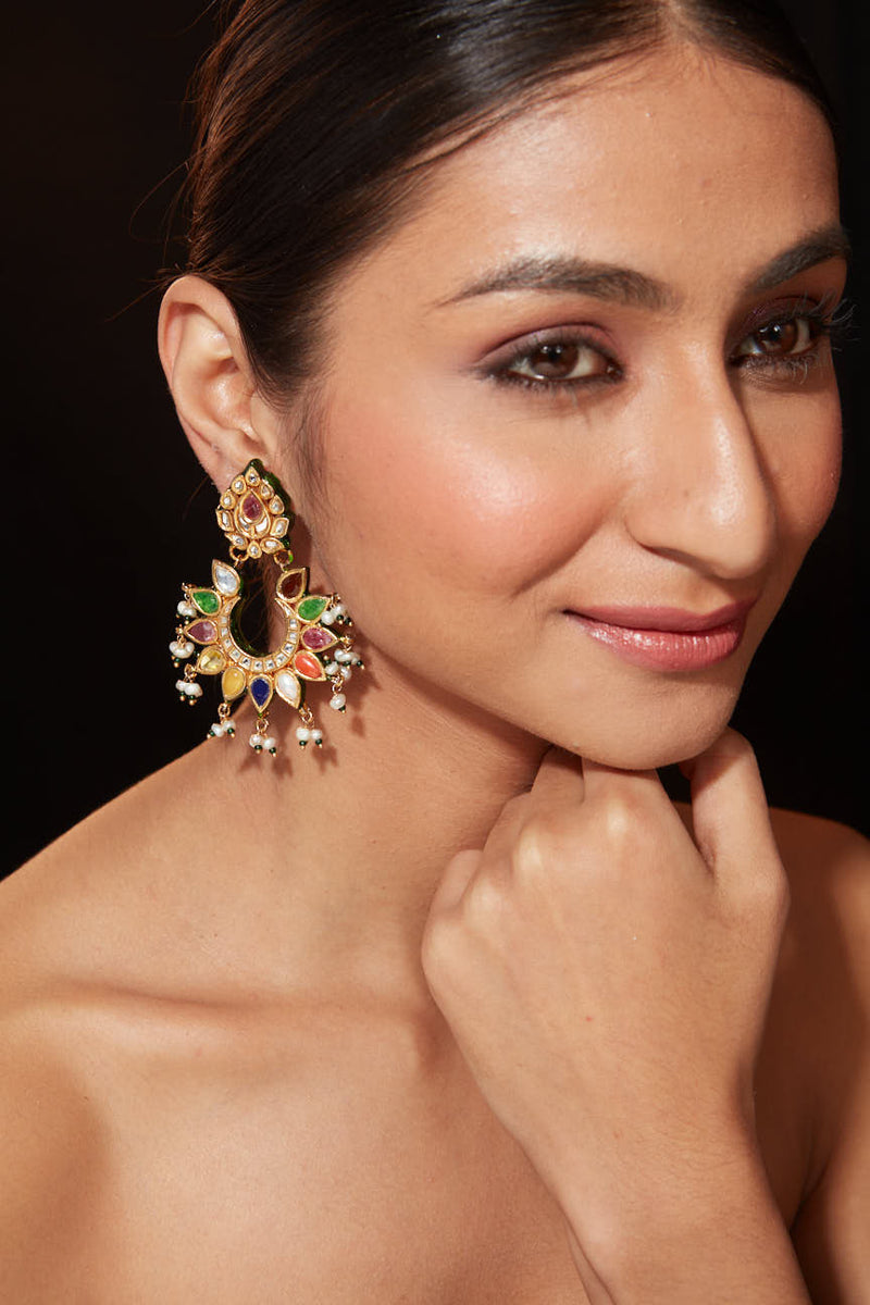 Gold Plated Multi Colour Stone With Drop Beads Chaandbali Earrings