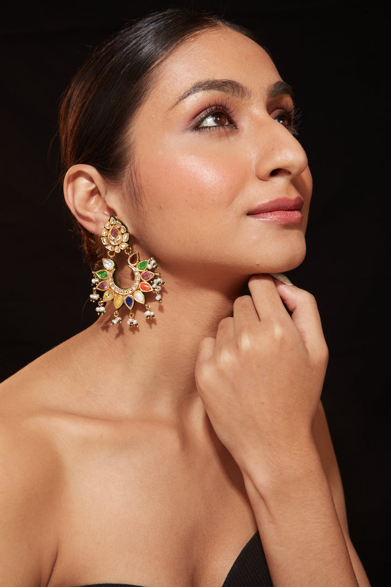 Gold Plated Multi Colour Stone With Drop Beads Chaandbali Earrings