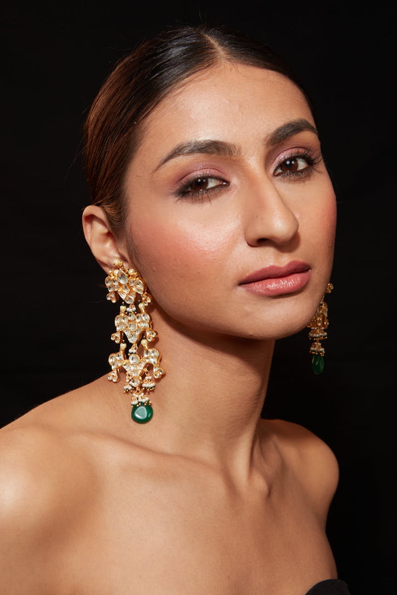 Gold Plated Kundan Studded With Single Bead Drop Dangle Earrings