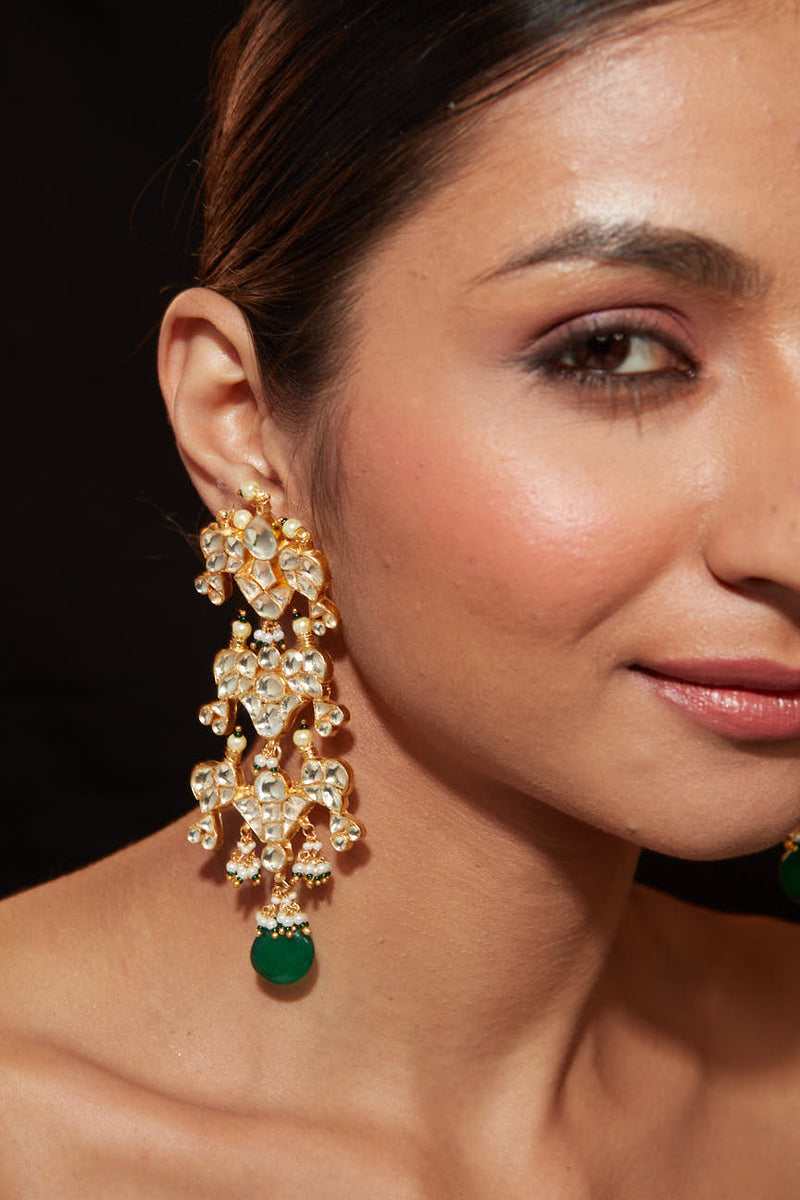 Gold Plated Kundan Studded With Single Bead Drop Dangle Earrings