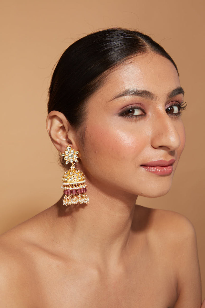 Gold Plated Kundan Polki Studded With Pink Beads Jhumka Earrings