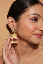 Gold Plated Kundan Polki Studded With Pink Beads Jhumka Earrings