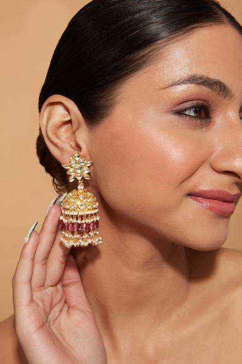 Gold Plated Kundan With Beads Drop Jhumka Earrings