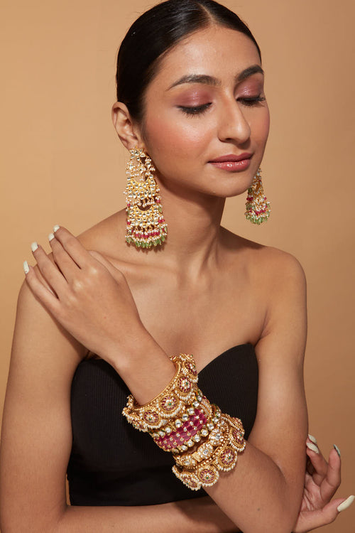 Gold Plated Kundan Studded With Multi Beads Drop Chaandbali Earrings