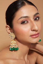 Gold Plated Kundan Studded With Green Beads Drop Jhumka Earrings