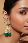 Gold Plated Kundan Studded With Green Beads Drop Jhumka Earrings