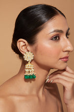 Gold Plated Kundan Studded With Green Beads Drop Jhumka Earrings