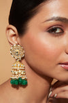 Gold Plated Kundan Studded With Green Beads Drop Jhumka Earrings