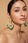 Gold Plated Kundan With Green Bead Drop Chaandbali Earrings