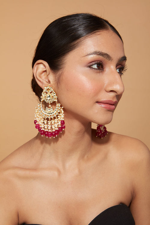 Gold Plated Kundan Studded Red Bead Drop Chaandbali Earrings