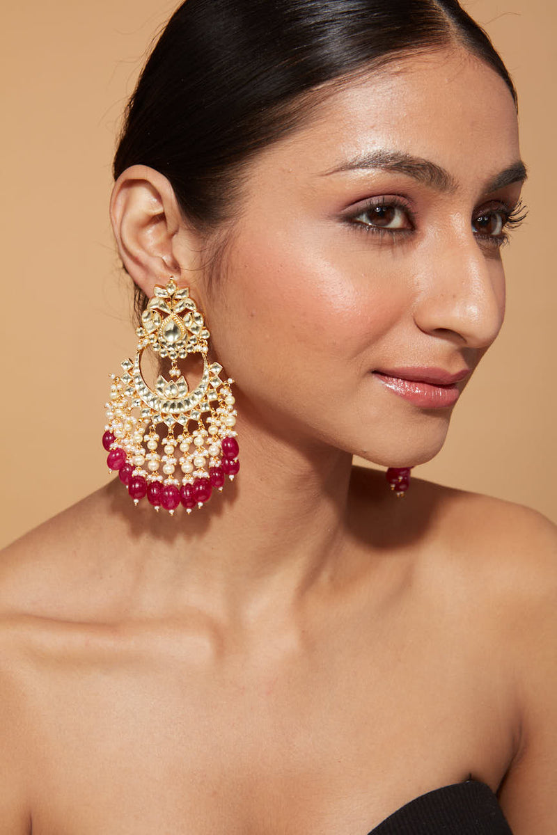 Gold Plated Kundan Studded Red Bead Drop Chaandbali Earrings