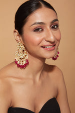 Gold Plated Kundan Studded Red Bead Drop Chaandbali Earrings