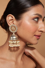 Rhodium Plated Kundan Studded With Pearl Drop Jhumka Earrings