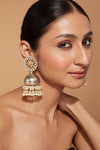 Rhodium Plated Kundan Studded With Pearl Drop Jhumka Earrings