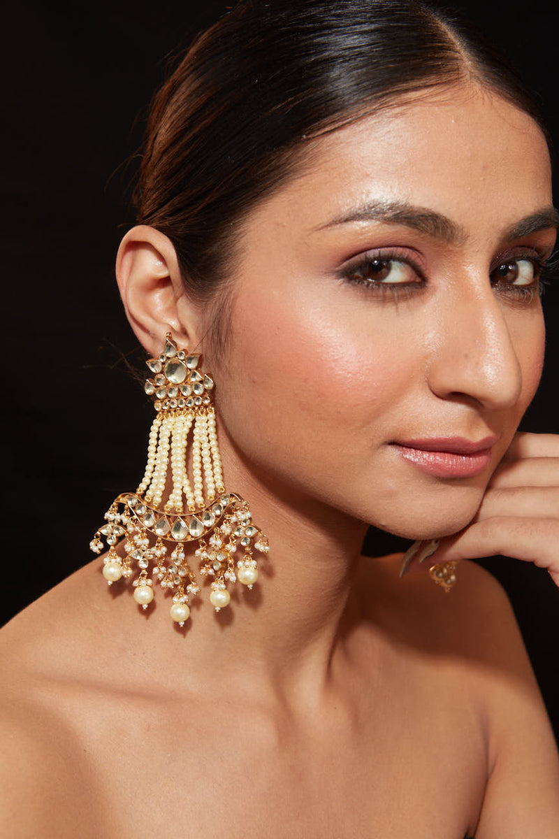 Gold Plated Kundan With Pearl Strand Dangle Earrings