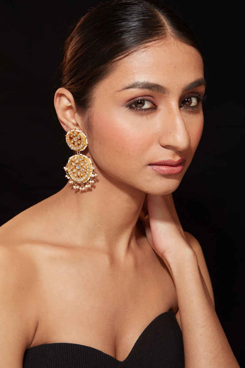 Gold Plated Kundan Studded Double Circle Dangle Earrings