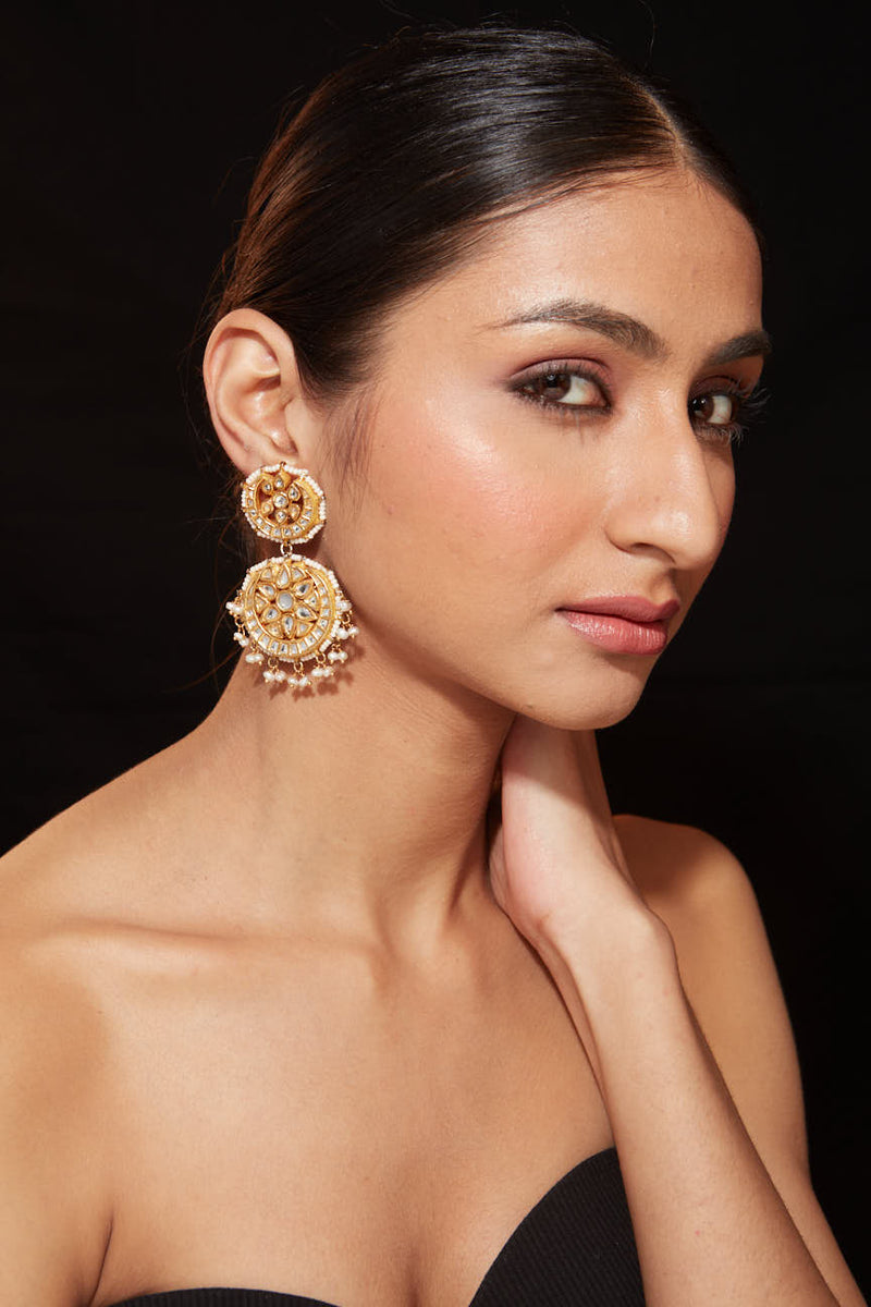 Gold Plated Kundan Studded Double Circle Dangle Earrings