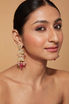 Gold Plated Kundan Studded Pink Drop Lotus Shape Dangle Earrings