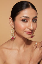 Gold Plated Kundan Studded Pink Drop Lotus Shape Dangle Earrings