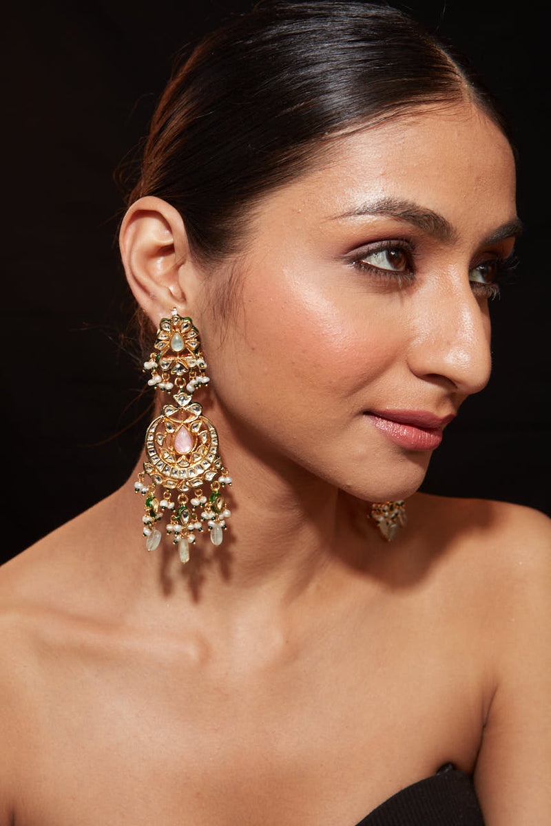 Gold Plated Kundan With Bead Drop Dangle Earrings