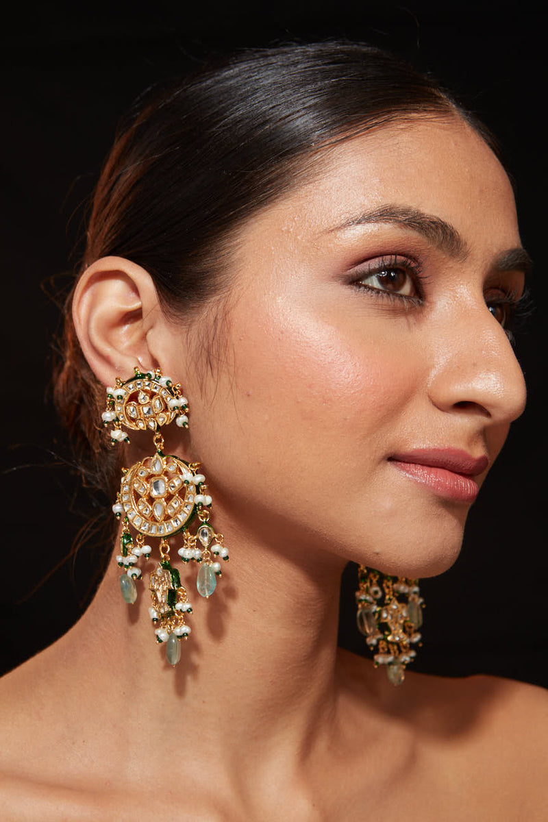 Gold Plated Kundan With Bead Drop Dangle Earrings