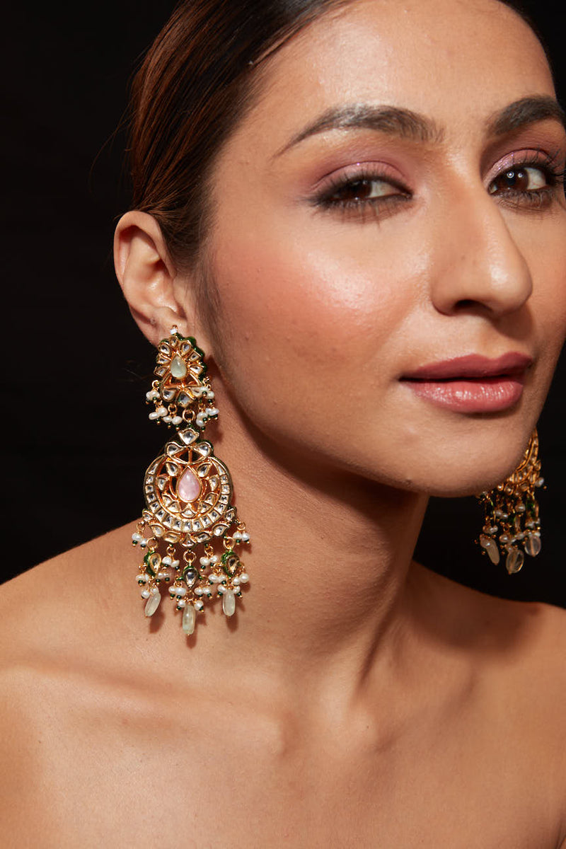 Gold Plated Kundan With Bead Drop Dangle Earrings