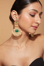 Gold Plated Kundan With Synthetic Emerald Dangle Earrings