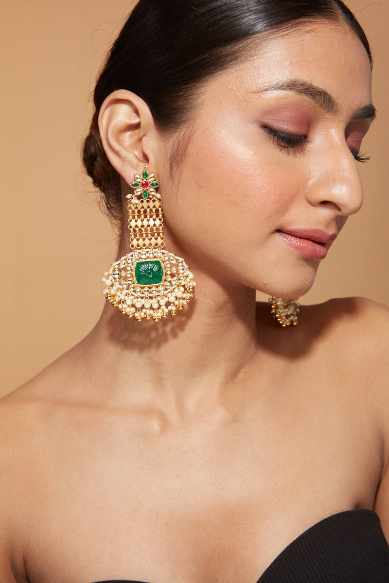 Gold Plated Kundan With Synthetic Emerald Dangle Earrings