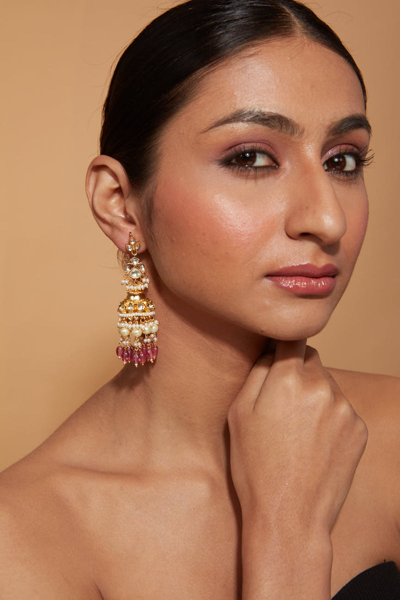 Gold Plated Kundan Studded Beads Drop Jhumka Earrings