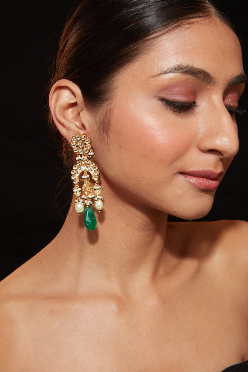 Gold Plated Kundan With Green Bead Drop Dangle Earrings