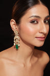 Gold Plated Kundan With Green Bead Drop Dangle Earrings