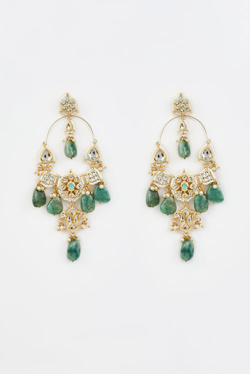 Saadgi Gold Plated Green Kundan, Polki Womens Pair of Danglers Earrings