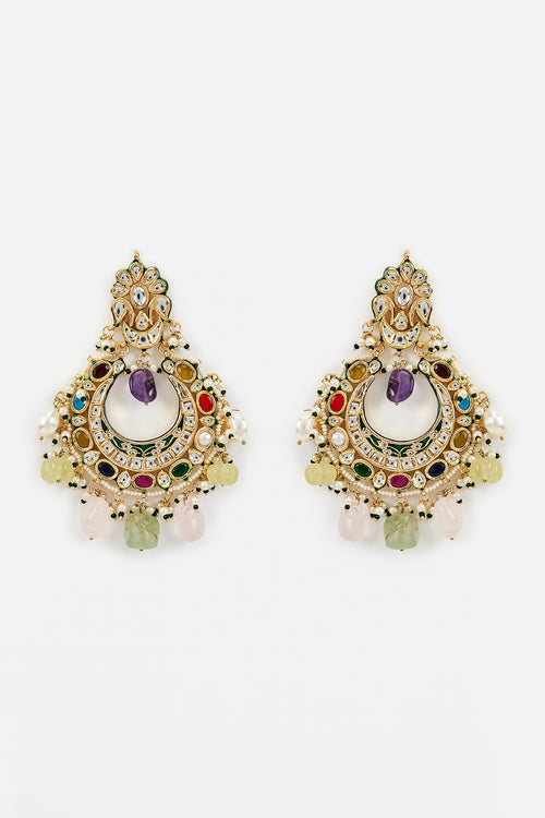 Saadgi Gold Plated Multicolored Kundan, Polki Womens Pair of Danglers Earrings
