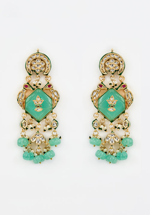 Saadgi Gold Plated Green Kundan, Polki Womens Pair of Danglers Earrings
