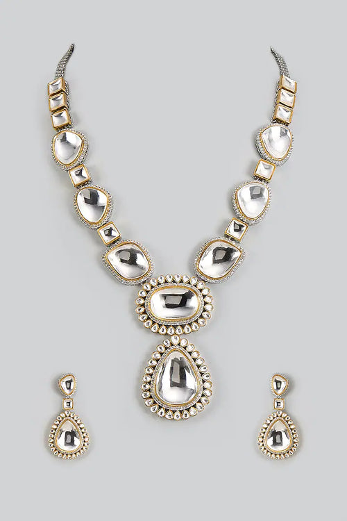 Gold Finish Kundan Polki & Zircon Long Necklace Set