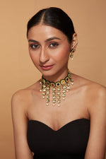 Gold Plated Multi Colour Stones Dangling Choker Necklace & Dangle Earrings Set