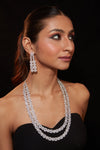 Rhodium Plated Zircon Studded Double Layer Long Necklace & Drop Earrings Set