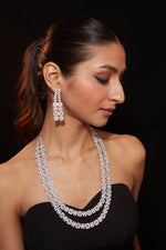 Rhodium Plated Zircon Studded Double Layer Long Necklace & Drop Earrings Set