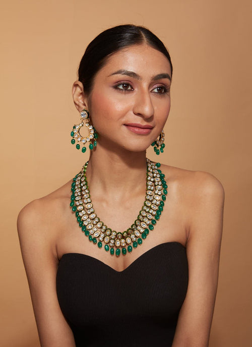 Gold Plated Kundan & Green Beads Drop Necklace & Dangle Earring Set