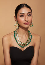 Gold Plated Kundan & Green Beads Drop Necklace & Dangle Earring Set