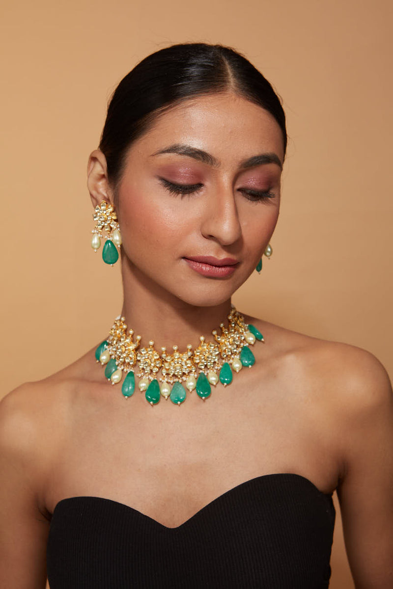 Gold Plated Kundan Studded With Green Beads Drop Choker Necklace & Dangle Earrings Set